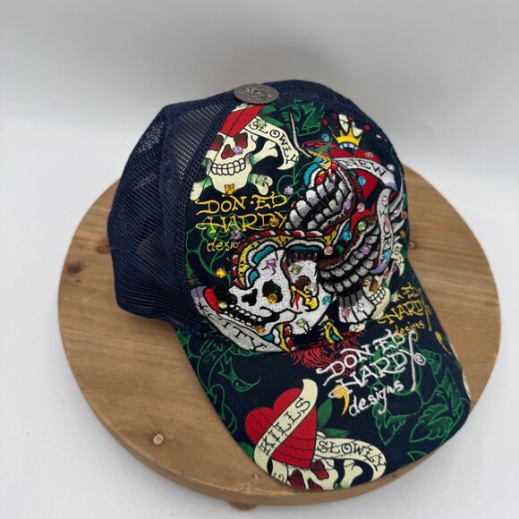 Vintage Ed Hardy Christian Audigier Love Kills Slowly Trucker Hat Y2K Bling - Picture 2 of 10
